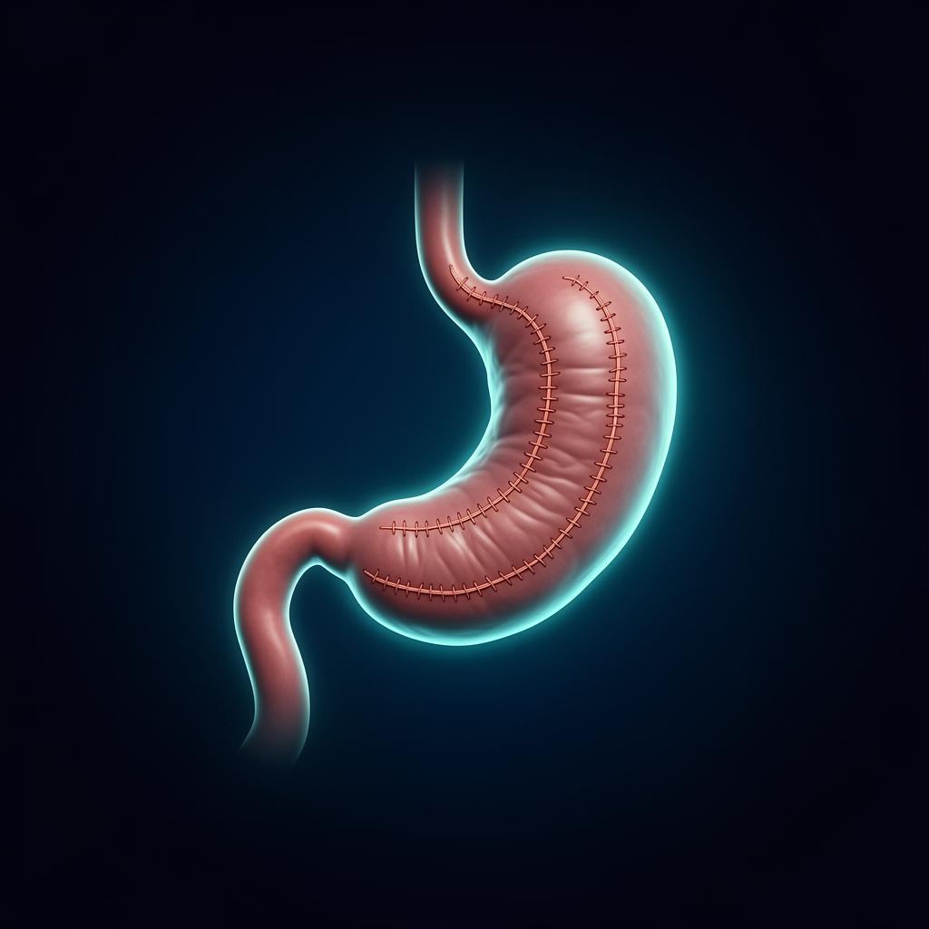 Ilustração da Gastroplastia Endoscópica — estômago reduzido por sutura interna